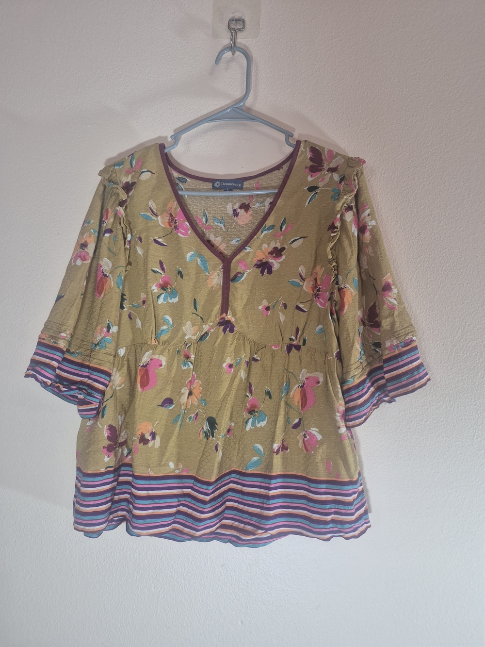 Democracy Olive Floral V-Neck Tunic with Pink & Teal Accents